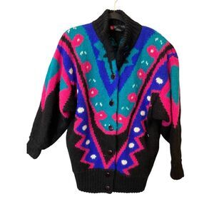Vintage I.B. Diffusion Sweater Womens M Mohair Wool Blend Cardigan Geometric 90s